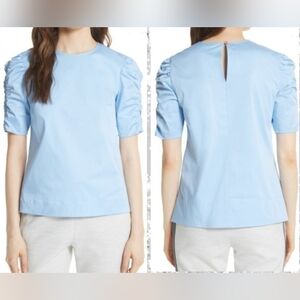 Ted Baker London Light Blue Cotton Blend Poplin Ruched Sleeve Top Size 4-6